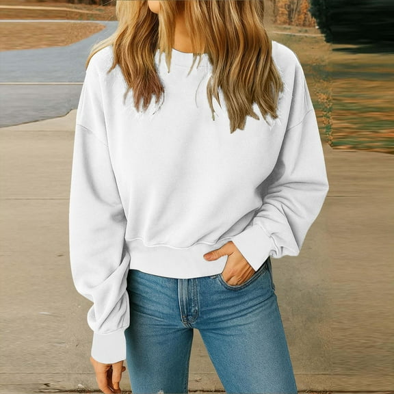 Cropped Sweatshirts for Women Crew Neck Long Sleeve Pullover Solid Color Tops Oversized Drop Shoulder Comfy Casual Sweatshirt 2025 Fall Winter Fashion Outfits