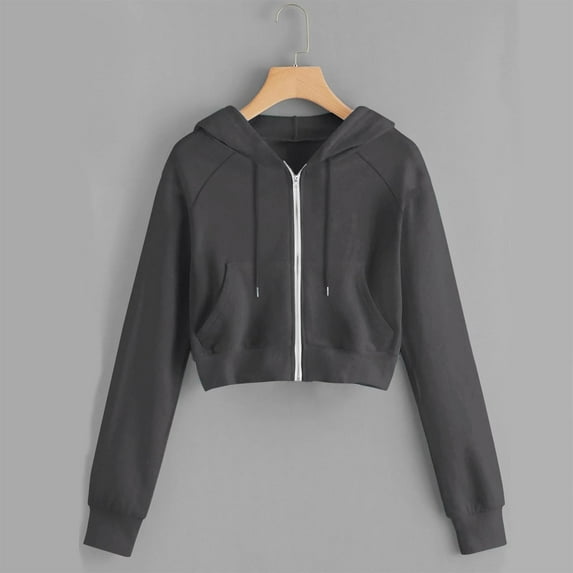 Cropped Sweatshirts for Women Solid Color Womens Hooded Sweatshirt Autumn Oversize Fit Hoodies Casual Zip-up Long Sleeves Everyday Athleisure Essentials