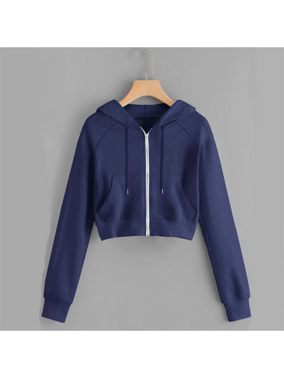 Cropped Sweatshirts for Women Solid Color Womens Hooded Sweatshirt Autumn Oversize Fit Hoodies Casual Zip-up Long Sleeves Everyday Athleisure Essentials