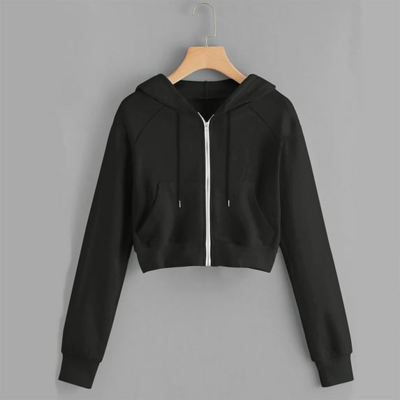 Cropped Sweatshirts for Women Solid Color Womens Hooded Sweatshirt Autumn Oversize Fit Hoodies Casual Zip-up Long Sleeves Everyday Athleisure Essentials