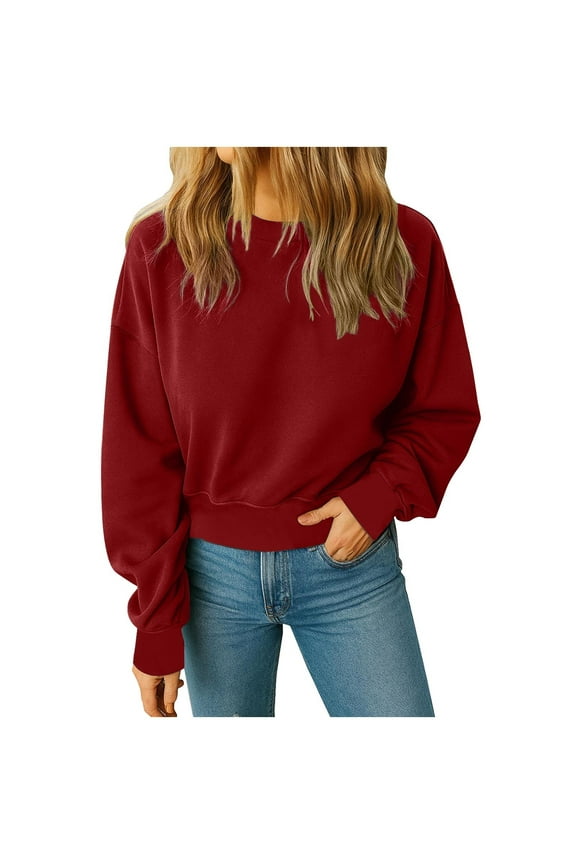 Cropped Sweatshirts for Womens Casual Crewneck Pullover Tops Juniors Girls Cute Drop Shoulder Long Sleeve Fall Sweatshirt Solid Y2K Clothes 2025 Fashion Hooded Sweaters Basic Workout Outfits