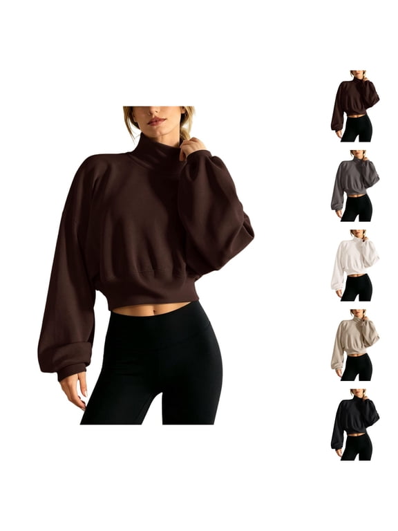 Cropped Sweatshirts for Women Fall Winter Long Sleeve Casual Drop Shoulder Plain Turtleneck Pullover Sweatshirt
