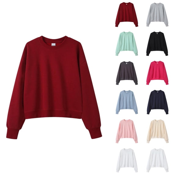 Cropped Sweatshirts for Women Long Sleeve Crewneck Casual Plain Pullover Sweatshirts Fall Winter Clothes