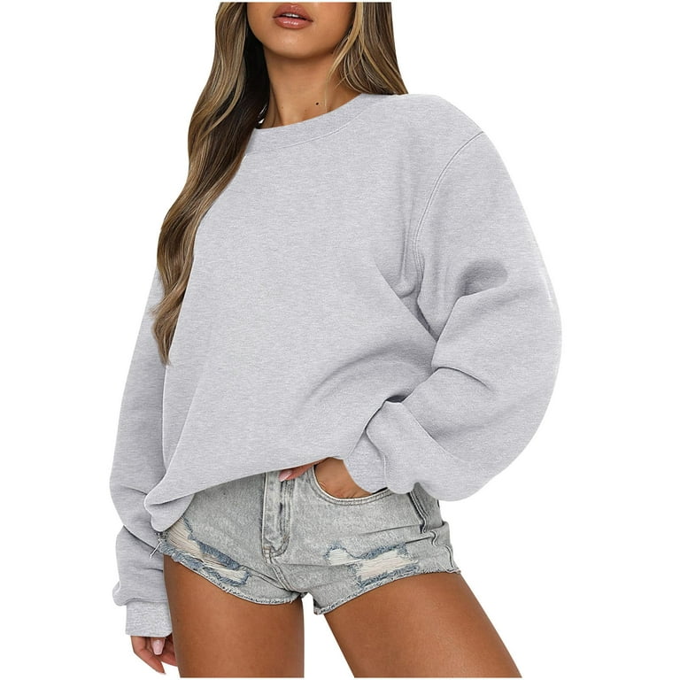 Cropped Sweatshirts for Women Teen Girls Crewneck Pullover Plain Sweatshirt  Sweater Y2k Long Sleeve Fall Tops (Large, Gray) 