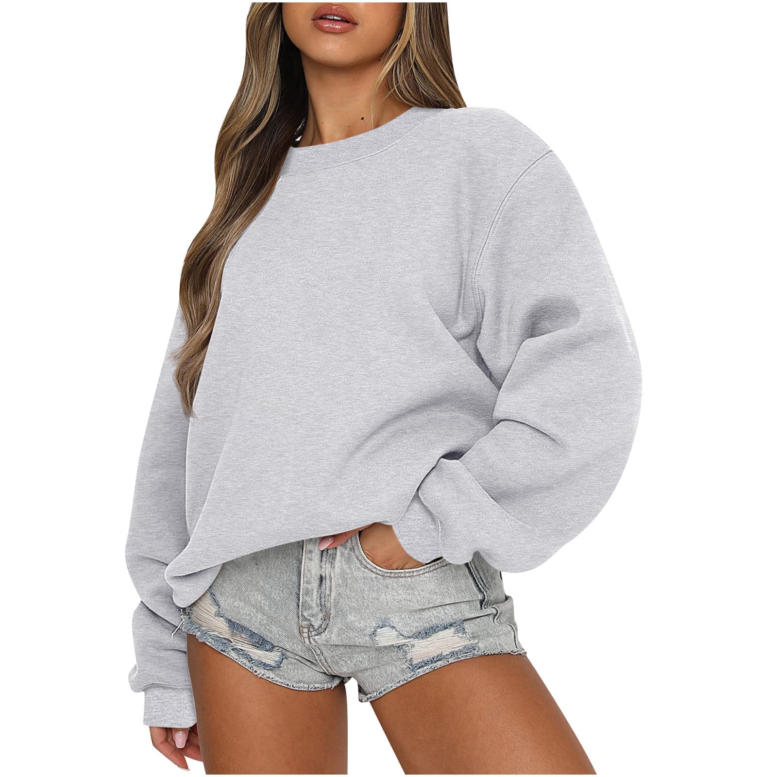 Cropped Sweatshirts for Women Teen Girls Crewneck Pullover Plain Sweatshirt Sweater Y2k Long Sleeve Fall Tops M Gray
