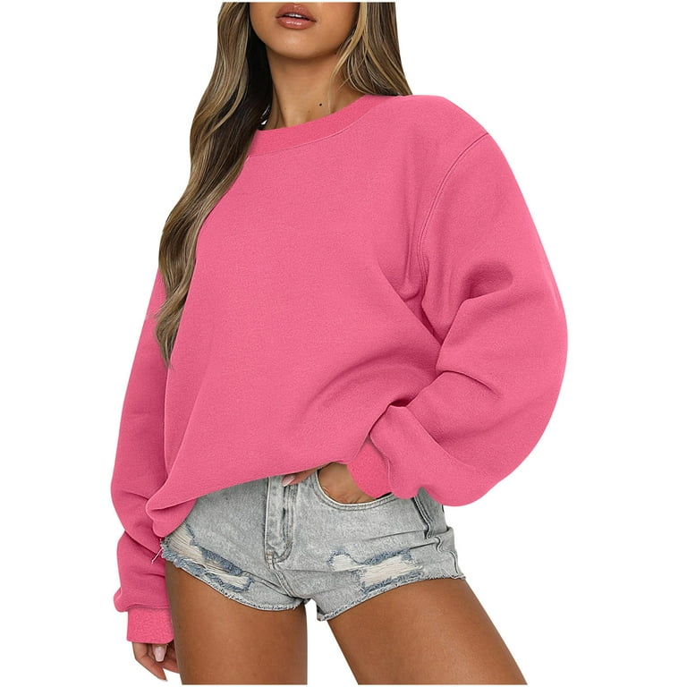 Cropped Sweatshirts for Women Teen Girls Crewneck Pullover Plain Sweatshirt  Sweater Y2k Long Sleeve Fall Tops (Medium, Hot Pink) 