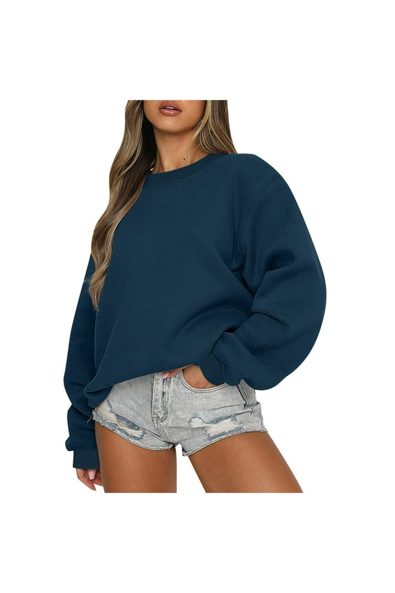 Cropped Sweatshirts for Women Teen Girls Crewneck Pullover Plain Sweatshirt Sweater Y2k Long Sleeve Fall Tops (S, Navy)