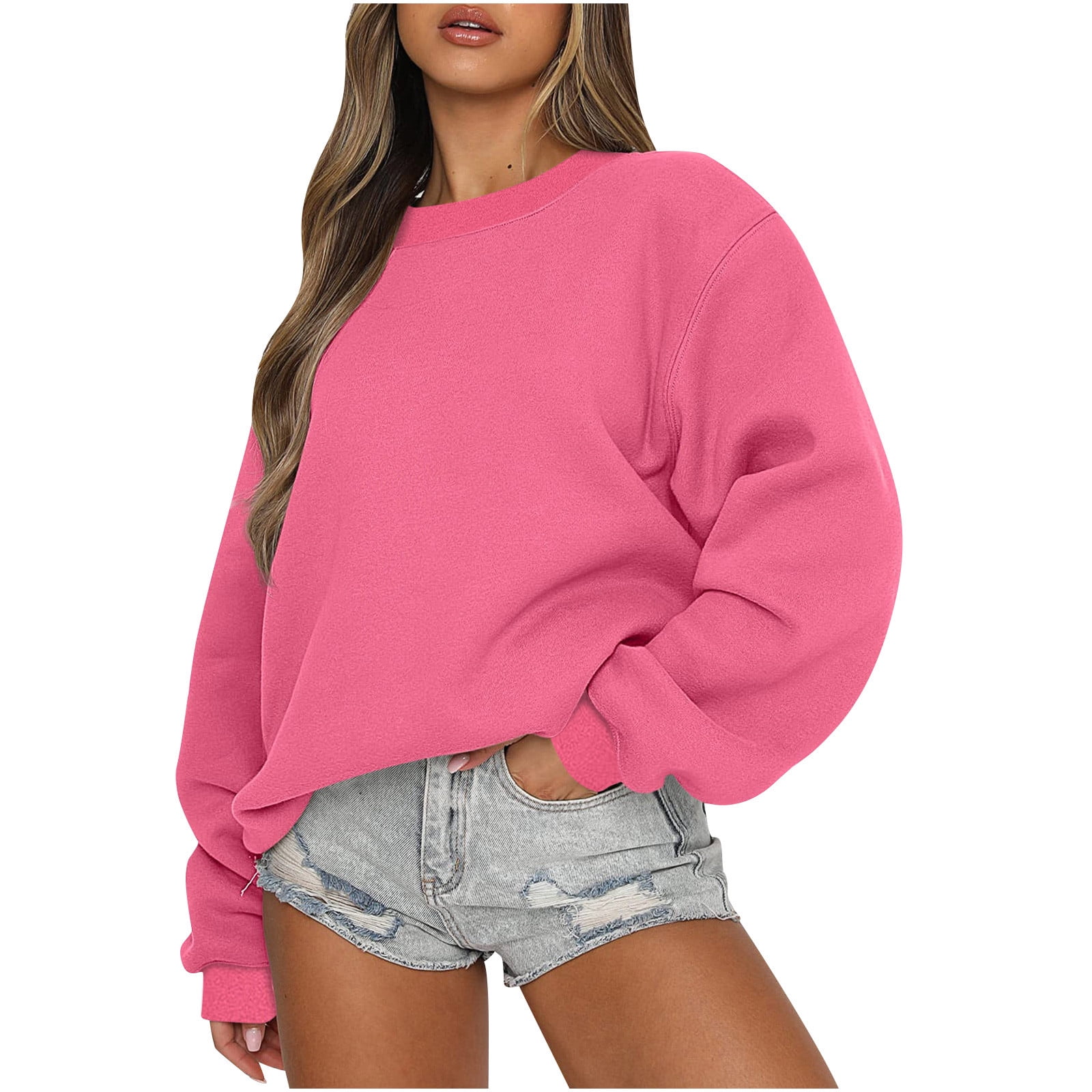 Cropped Sweatshirts for Women Teen Girls Crewneck Pullover Plain Sweatshirt  Sweater Y2k Long Sleeve Fall Tops (Small, Hot Pink)