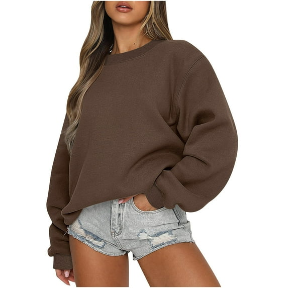 Cropped Sweatshirts for Women Teen Girls Crewneck Pullover Plain Sweatshirt Sweater Y2k Long Sleeve Fall Tops (XL, Khaki)