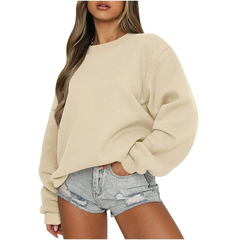 Cropped Sweatshirts for Women Teen Girls Crewneck Pullover Plain Sweatshirt  Sweater Y2k Long Sleeve Fall Tops (XX-Large, Beige)
