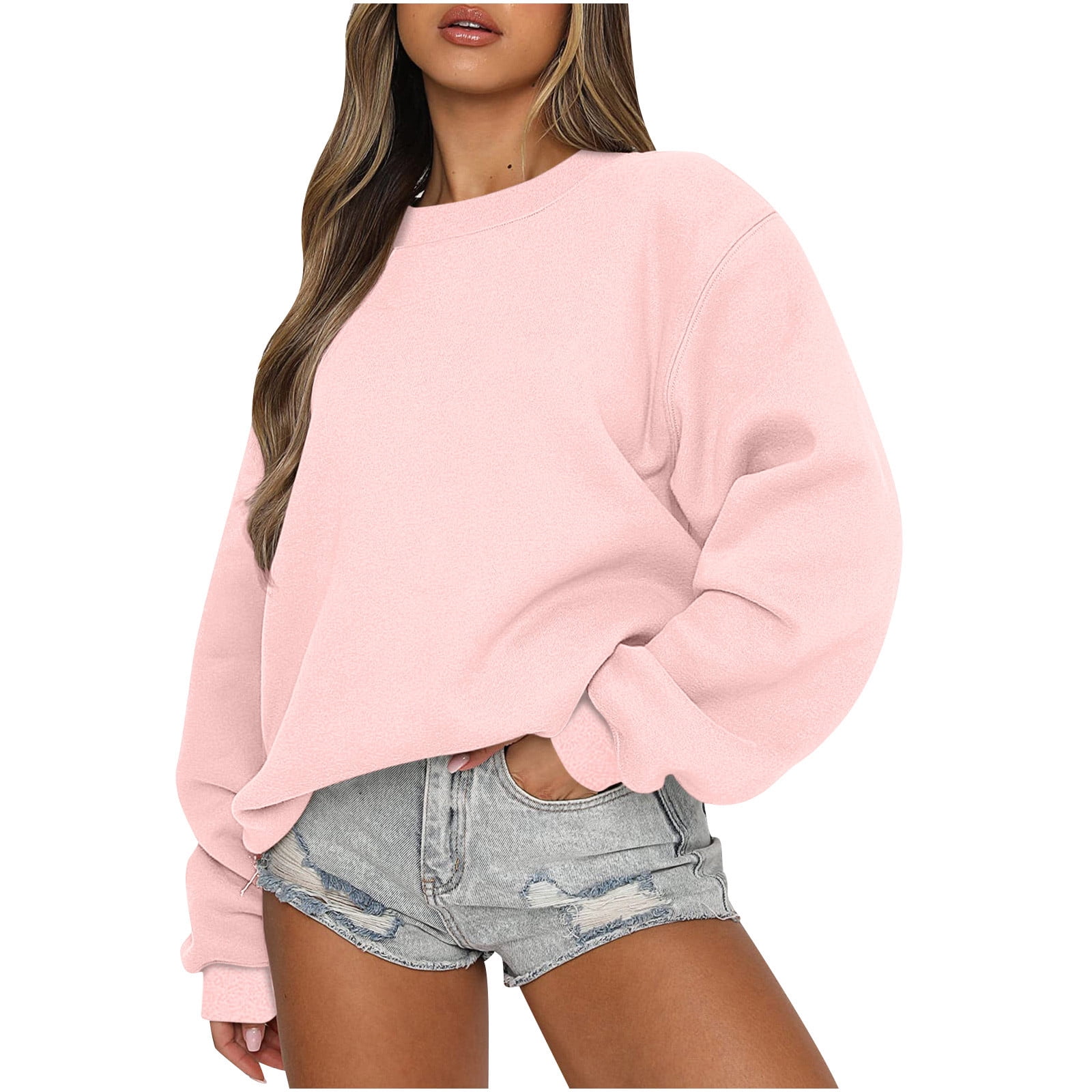 Womens Oversized Sweatshirts Crewneck Y2k Crop Pullover Tops for Teen Girls Long Sleeve Cotton Plain Sweater 2XL Pink