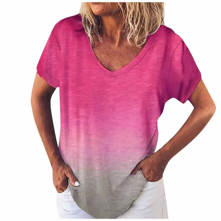 Cropped T Shirts For Women V-Neck Fading Color Short Sleeve Crop Tops Pink  XXXL
