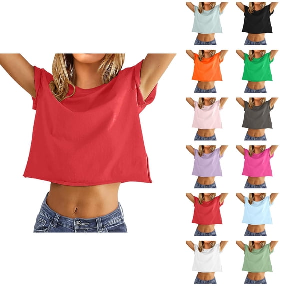 Cropped T Shirts for Women 2025 Summer Short Sleeve Crewneck Casual Plain Gym Tshirt Womens T Shirts