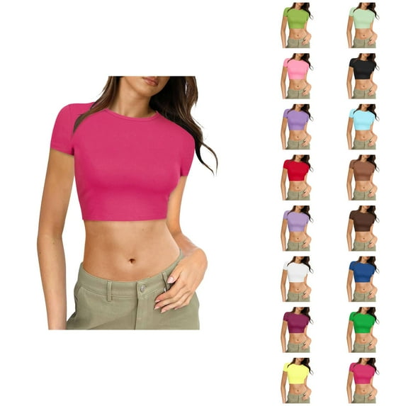 Cropped T Shirts for Women 2025 Summer Y2K Short Sleeve Crewneck Slim Fit Plain Tshirt Womens T Shirts