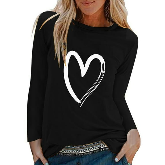Cropped T Shirts for Women Print O-Neck Long Sleeve Loose Tunic Black S