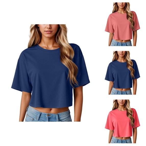 Cropped T Shirts for Women Short Sleeve Crewneck Casual Plain Oversized Basic Tees Summer Crop Tops