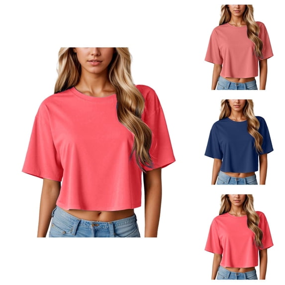 Cropped T Shirts for Women Short Sleeve Crewneck Casual Plain Oversized Basic Tees Summer Crop Tops