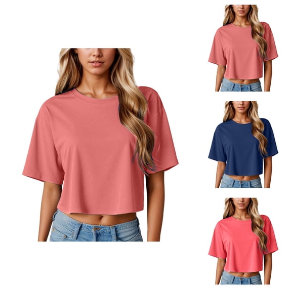 Cropped T Shirts for Women Short Sleeve Crewneck Casual Plain Oversized Basic Tees Summer Crop Tops