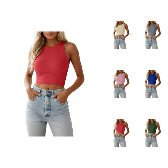 Cropped Tank Top for Women 2025 Summer Sleeveless Crewneck Slim Fit Tight Stretchy Plain Vest Tank Tops
