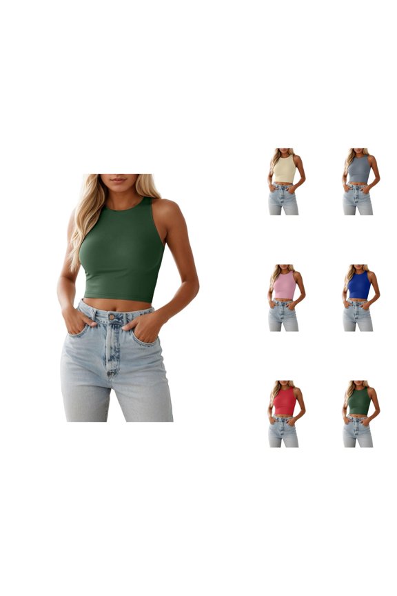 Cropped Tank Top for Women 2025 Summer Sleeveless Crewneck Slim Fit Tight Stretchy Plain Vest Tank Tops