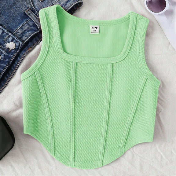 Cropped Tank Tops for Girls Size 8-14 2025 Sleeveless Shirts Teens Kids Trendy Solid Square-Neck Pullover Athletic Workout Cami Top