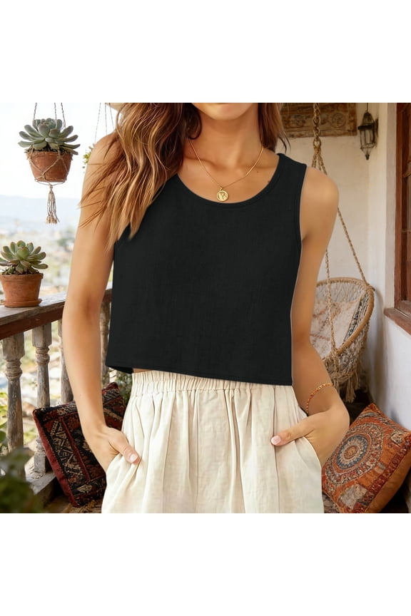 Cropped Tank Tops Loose Linen Tank Tops Basic Tee Loose Fit Shirts Blouses Cute Summer Outfits Womens Summer Tops Boho Tank Tops Scoop Neck Cotton Linen Shirts Sleeveless Tops