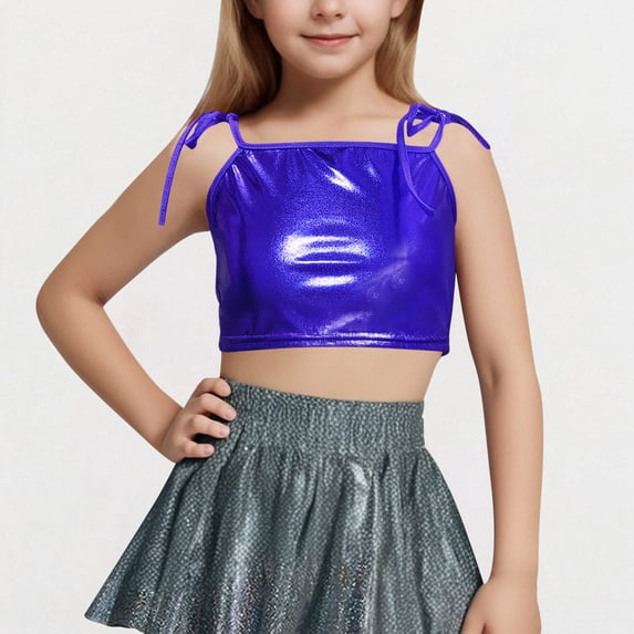 Cropped Tank Tops for Teens Spaghetti Strap Cami Top Size 4-14 Girls Trendy Solid Color Sparkly Shiny Dance Performance Vests Shirts