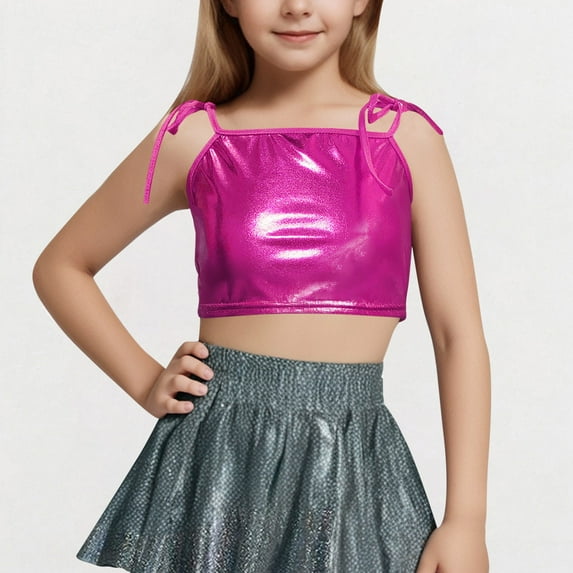 Cropped Tank Tops for Teens Spaghetti Strap Cami Top Size 4-14 Girls Trendy Solid Color Sparkly Shiny Dance Performance Vests Shirts