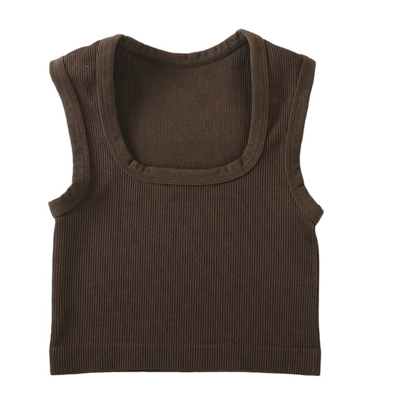 Cropped Tank Tops for Women Ribbed Knit Square Neck Yoga Workout Gym Crop Tee Sleeveless Casual Base Layer (S, Brown)