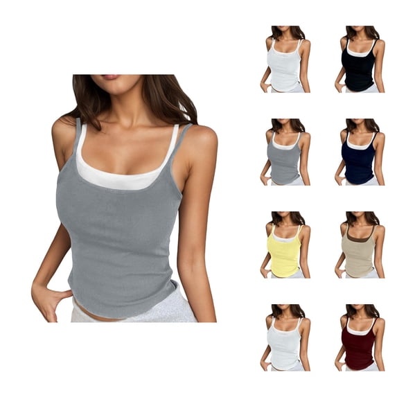 Cropped Tank Tops for Women Summer Layered Look Spaghetti Strap Slim Fitted Padded Camisole Y2k Going out Tops