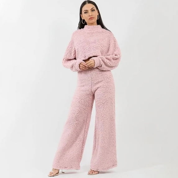 Cropped Top And Wide Leg Pants Lounge Set (L, SeaPink)