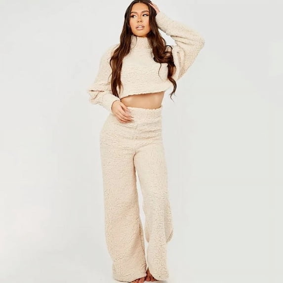 Cropped Top And Wide Leg Pants Lounge Set (S, ChampagneBeige)