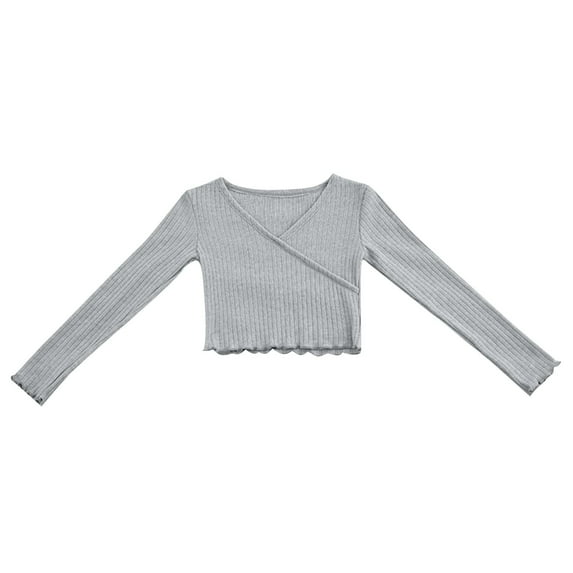 Cropped Tops for Big Girls Long Sleeve V Neck T Shirts Size 7-18 Teens Juniors Trendy Solid Color Stretchy Slim Pullover Ballet Dance Blouses Top