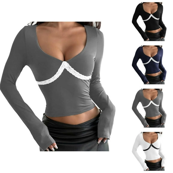 Cropped Tops for Women 2025 Long Sleeve V-Neck Lace Patchwork Slim Fit Tshirt Shirt Blouse Tops Clubwear