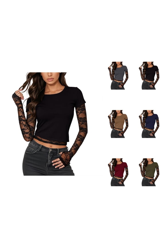 Cropped Tops for Women 2025 Long Sleeve Y2K Lace Patchwork Crewneck Slim Fit Crop Top Blouse Clubwear