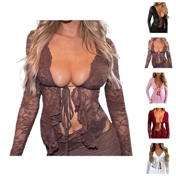 Cropped Tops for Women 2025 Long Sleeve Y2K Lace Sheer Front Tie Crop Top Blouse Shirt Clubwear Tops