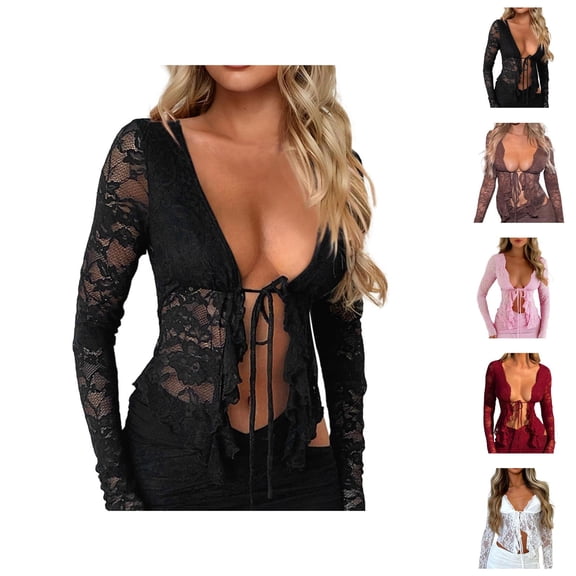 Cropped Tops for Women 2025 Long Sleeve Y2K Lace Sheer Front Tie Crop Top Blouse Shirt Clubwear Tops