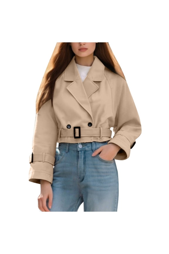 Cropped Trench Coat for Women, Yigetop Women's Long Sleeve Cropped Trench Coat Lapel Collar Belted Jacket Lightweight Outerwear Crop Jackets for Women Khaki XS
