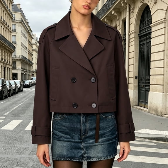 Cropped Trench Coat for Women Casual Short Fall Jackets Double Notched Lapel Windproof Spring Fall Jackets (Brown XS)