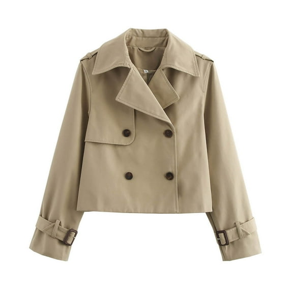 Cropped Trench Coat for Women, Yigetop Women's Casual Long Sleeve Lapel Drawstring Double Breasted Short Trench Coat Trench Coat Khaki M