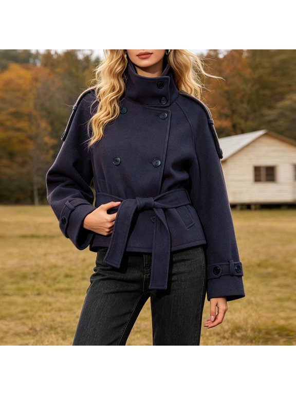 Cropped Trench Coat for Womens Double Long Sleeve Jacket High Stand Collar Fall Winter Coats Trendy Outfit with Belt for Daily Commuting