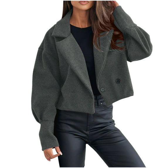 Cropped Trench Jacket for Women 2024 Trendy Fall Winter Lapel Double Breasted Coats Loose Casual Wool Blazer Outwear (Dark Gray 2XL)