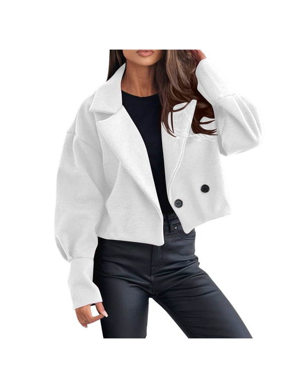 Cropped Trench Jacket for Women 2024 Trendy Fall Winter Lapel Double Breasted Coats Loose Casual Wool Blazer Outwear (White M)