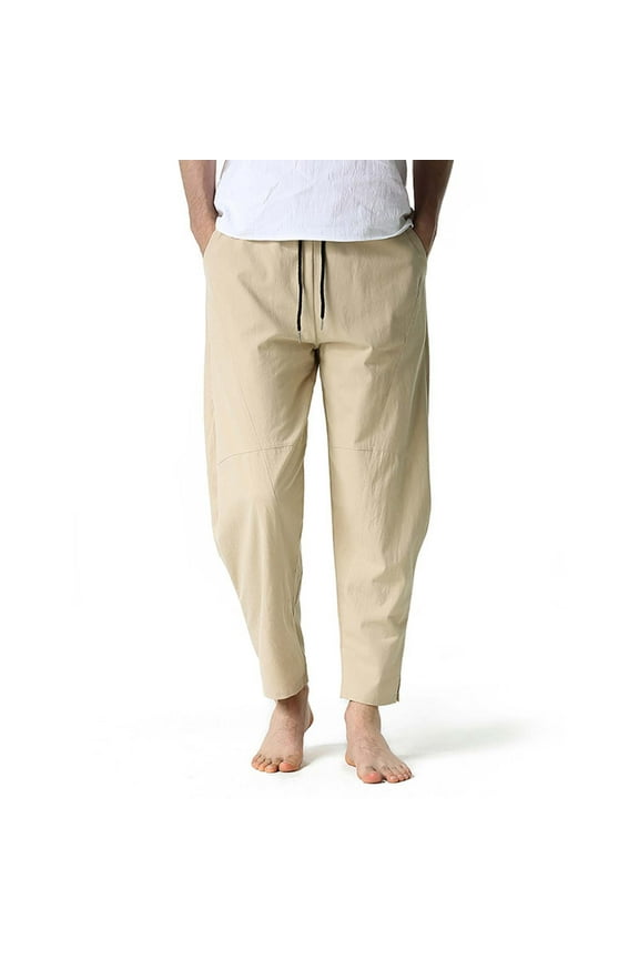 Cropped Trousers for Men Casual Fashion Stretchy Drawstring Harem Pants Classic Fit Vintage Solid Slimming Trousers Men Going Out Versatile Cotton Linen Pants