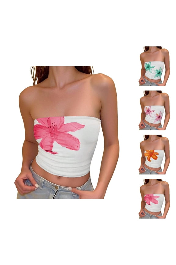 Cropped Tube Tops for Women Flower Print Casual Slim Fit Ruched Sleeveless Strapless Bandeau Tank Top Y2k Going out Tops