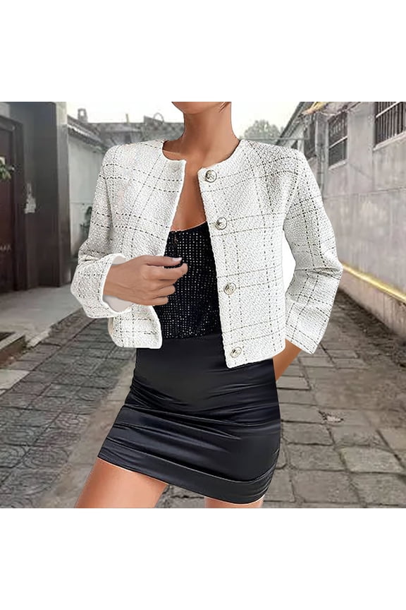 Cropped Tweed Jackets for Juniors Y2K Fall Plaid Shirt Button Down Long Sleeve Trendy Varsity Jackets