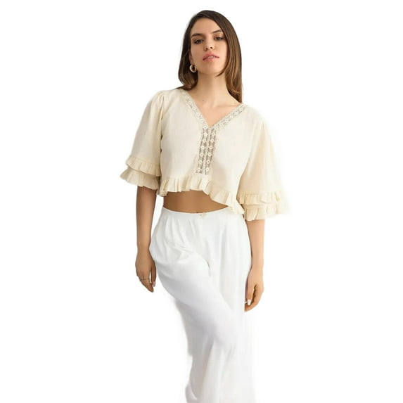 Cropped V-Neck Ruffled Blouse