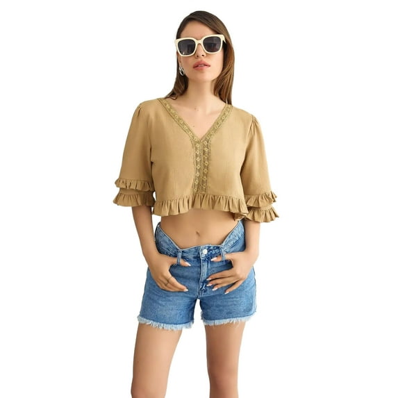 Cropped V-Neck Ruffled Blouse