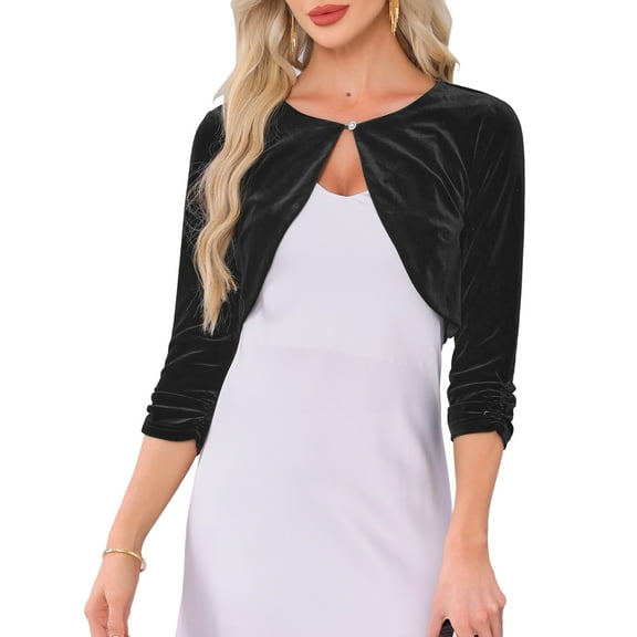 INSPIRE CHIC Women's Shrug Cropped Velvet Shrugs 3/4 Sleeves Crew Neck Elegant Cardigan M Black