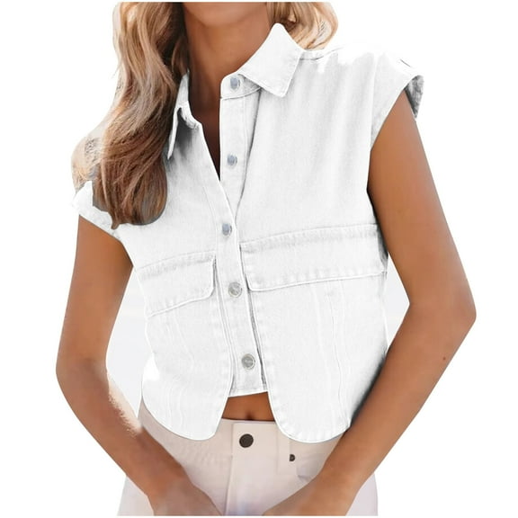 Cropped Waistcoat for Women Button Down Denim Vest Elegant Jacket Country Trendy Sleeveless Tops Casual Y2K Jeans Jacket Slim Fitting Collared White L